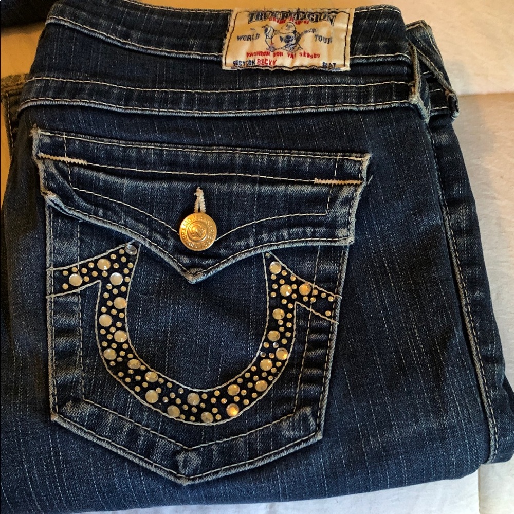 True Religion Women's Dark Indigo Boot Cut Jeans with Rhinestone Pocket